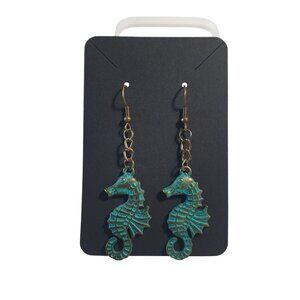 Vintage Seahorse Boho Dangle Earrings Handmade Brass Hook Chain Aqua Finish Gift
